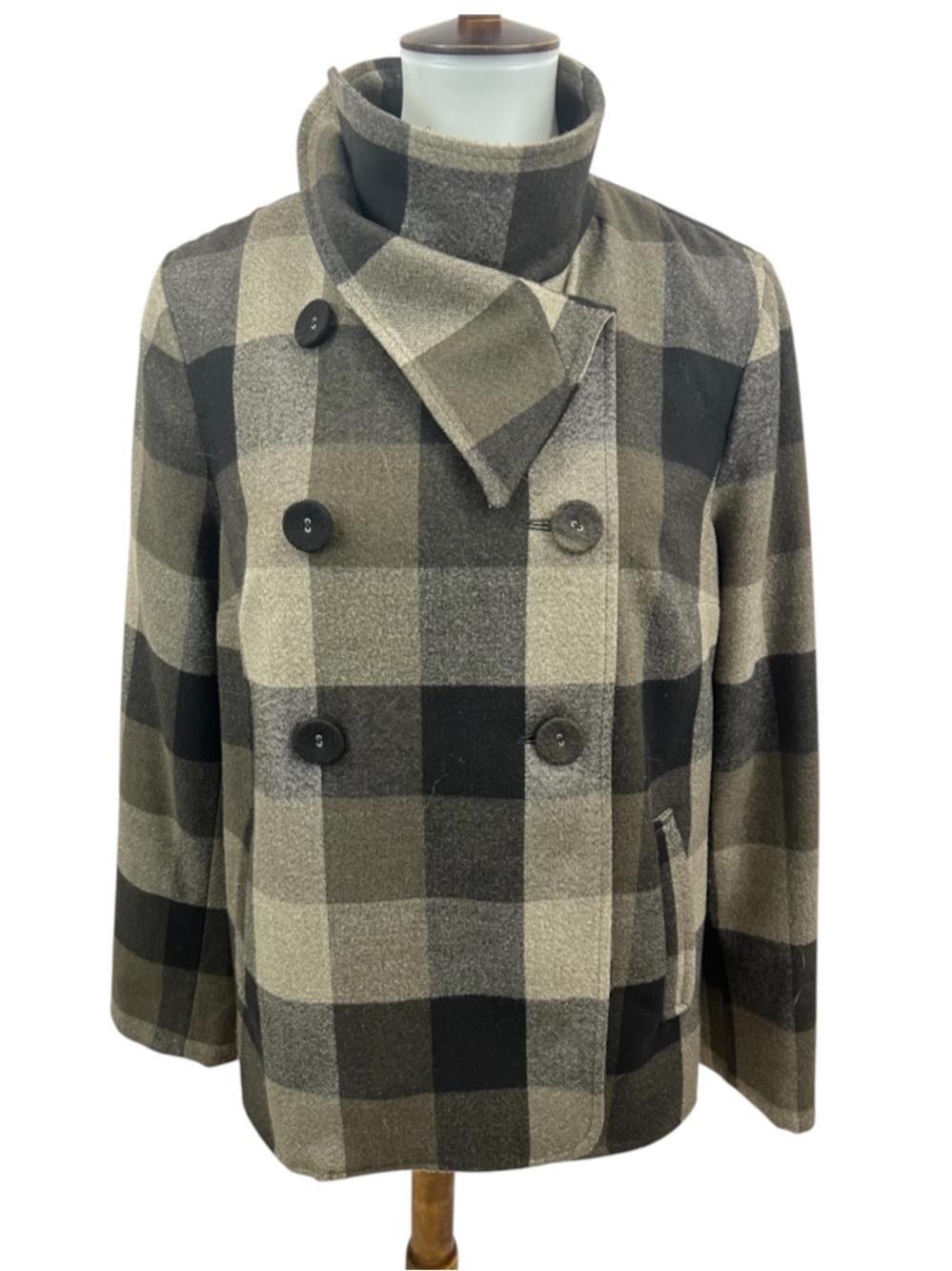 Liz Claiborne Double Breasted Foldover Collar Buffalo Check Plaid Swing Jacket
